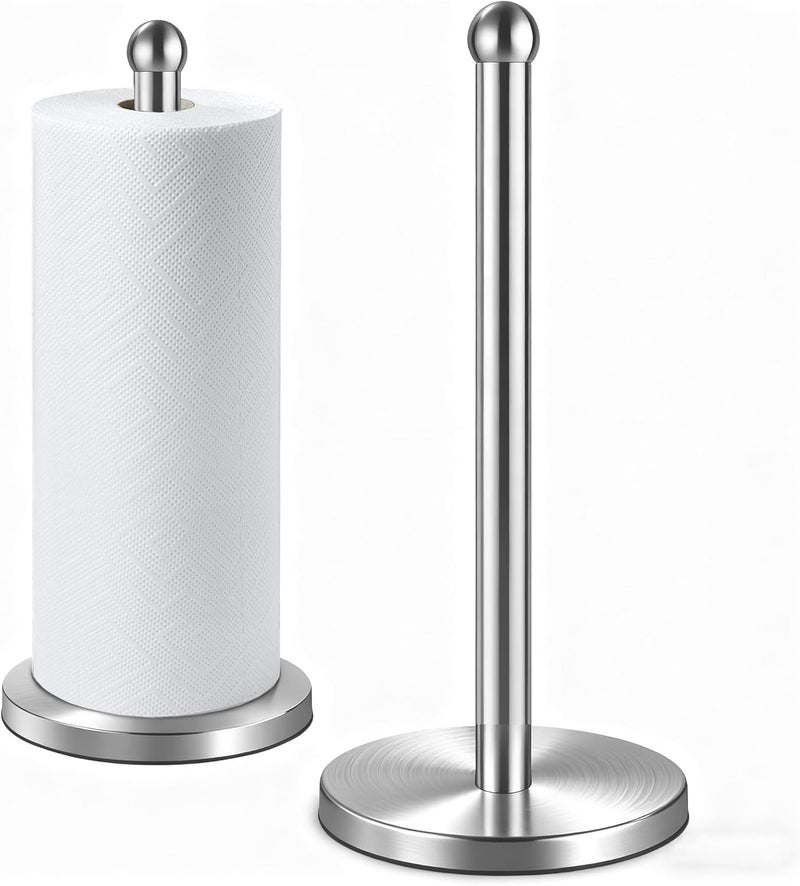 DAWNER Paper Towel Holder Countertop, Freestanding Kitchen Paper Holder Stand, One-Handed Tear, Stainless Steel, Paper Towel Dispenser with Weighted Base for Standard Towel Rolls, Brushed Nickel - Image 1